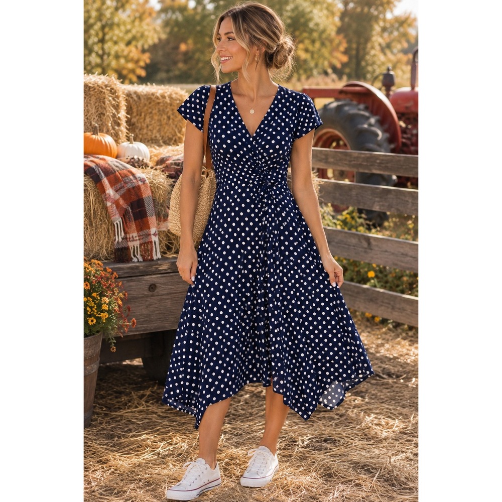 Polka Dot Faux Wrap Midi Dress Navy White Knotted Waist Short Sleeve Size 8